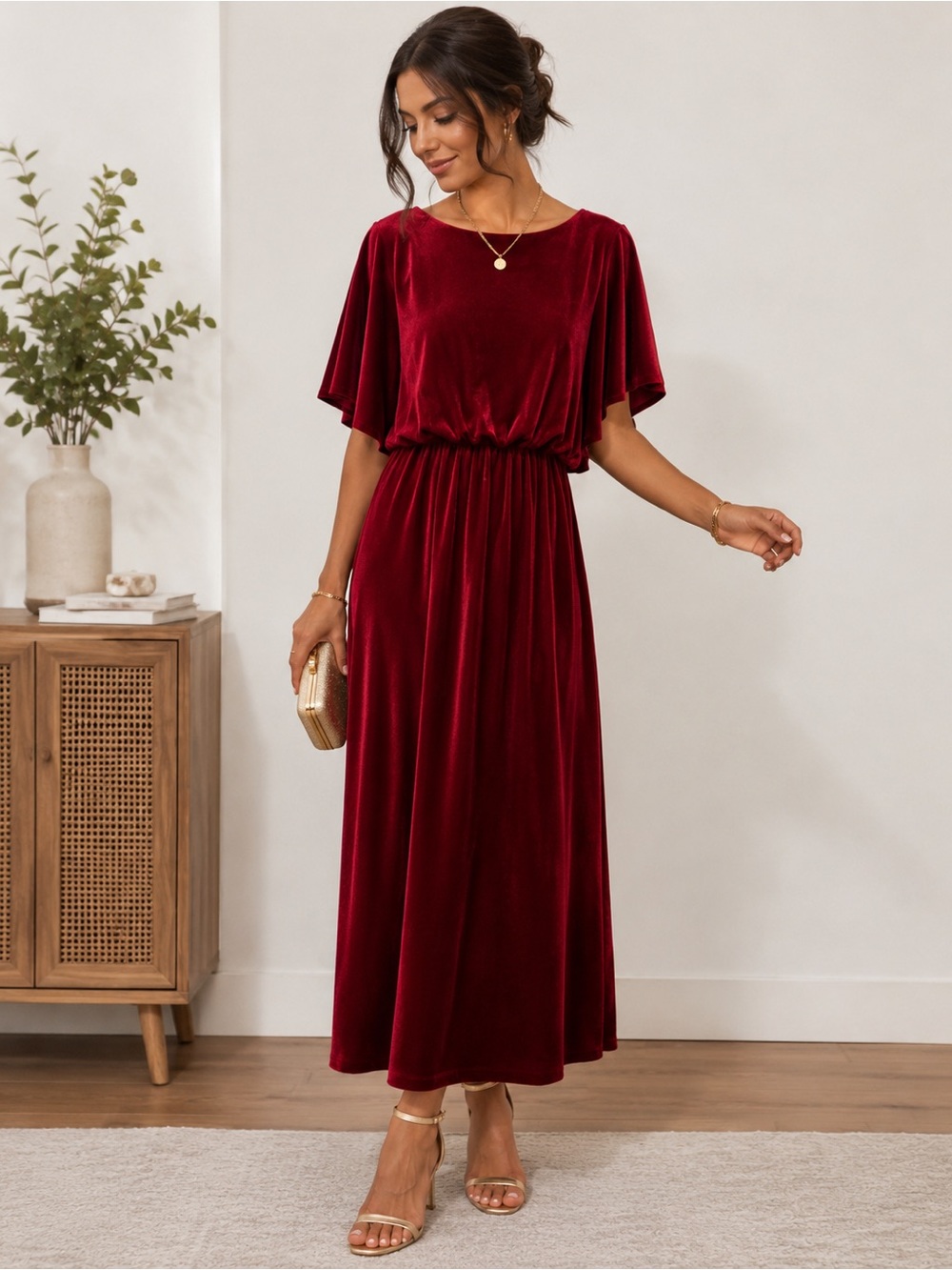 See and Be Seen Burgundy Velvet Maxi Dress | Size Small | Elegant Flutter Sleeve